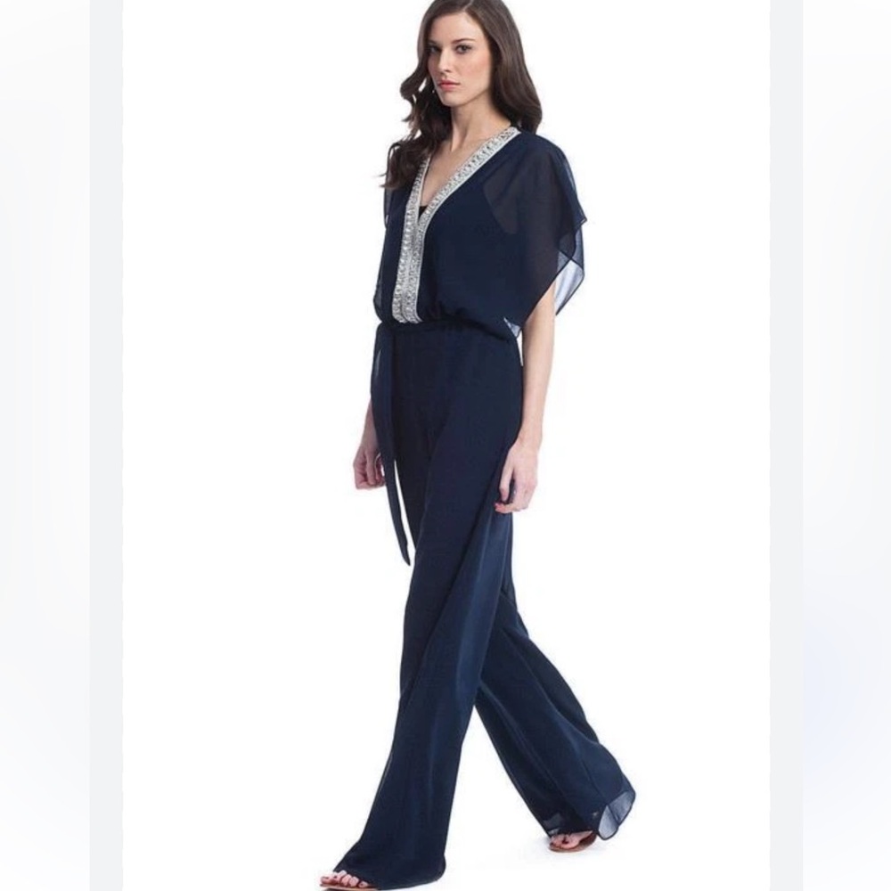 Belle Badgley Mischka Navy Blue Silver Bead Wide Leg Jumpsuit